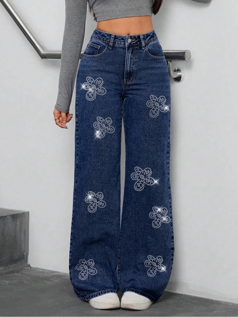 Wide-Leg Dark Blue Jeans with Rhinestone Flower Accents